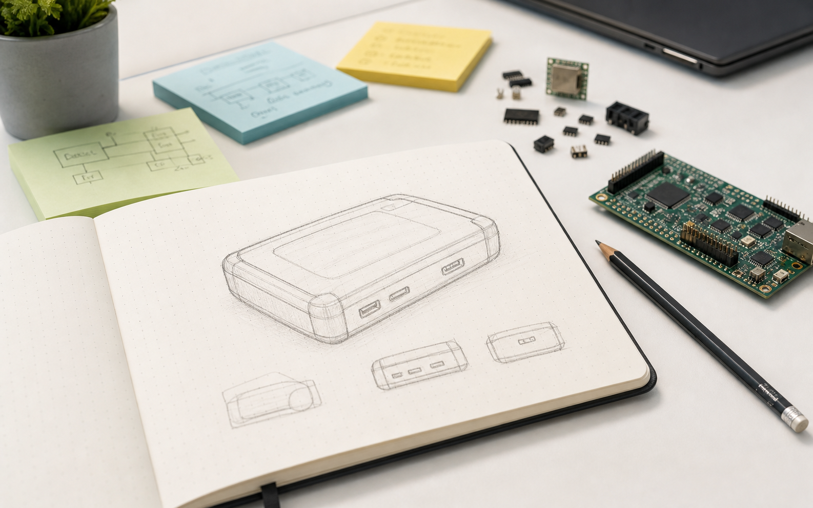 Product idea sketch with electronics components on a desk