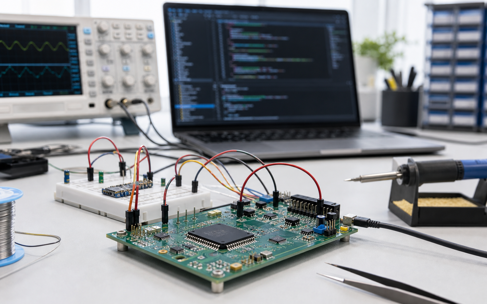 Electronics prototype on a lab bench with development tools