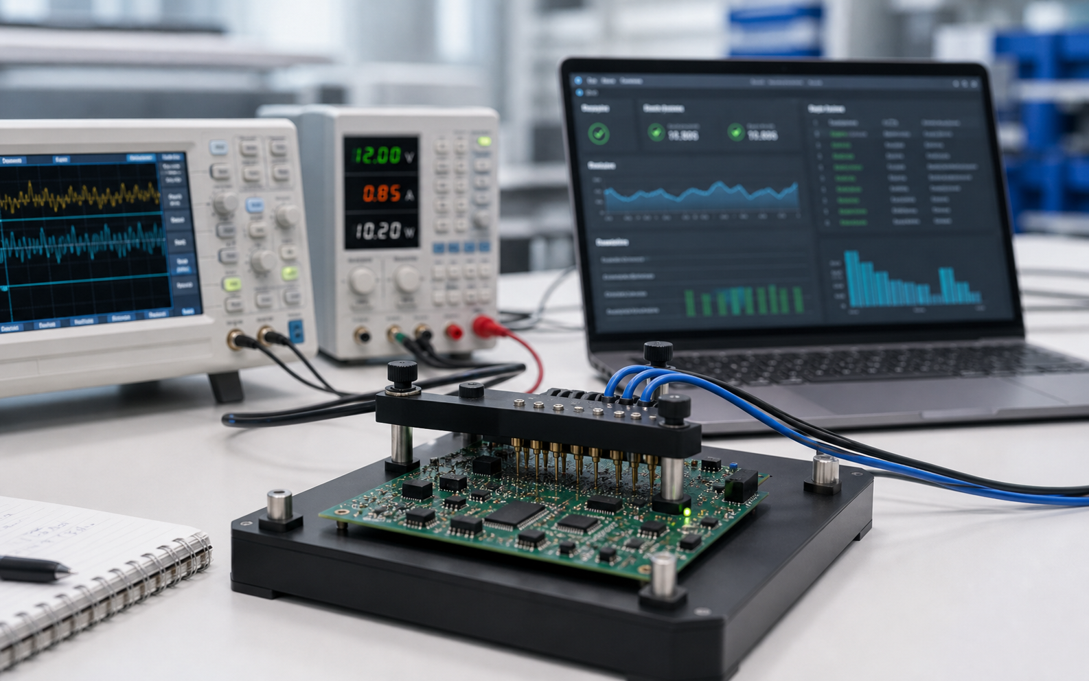 PCB test fixture with measurement equipment and dashboard