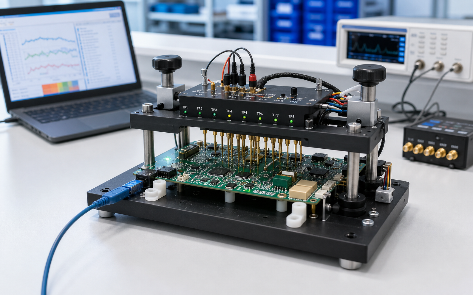 PCB test fixture with pogo pins and lab measurement equipment