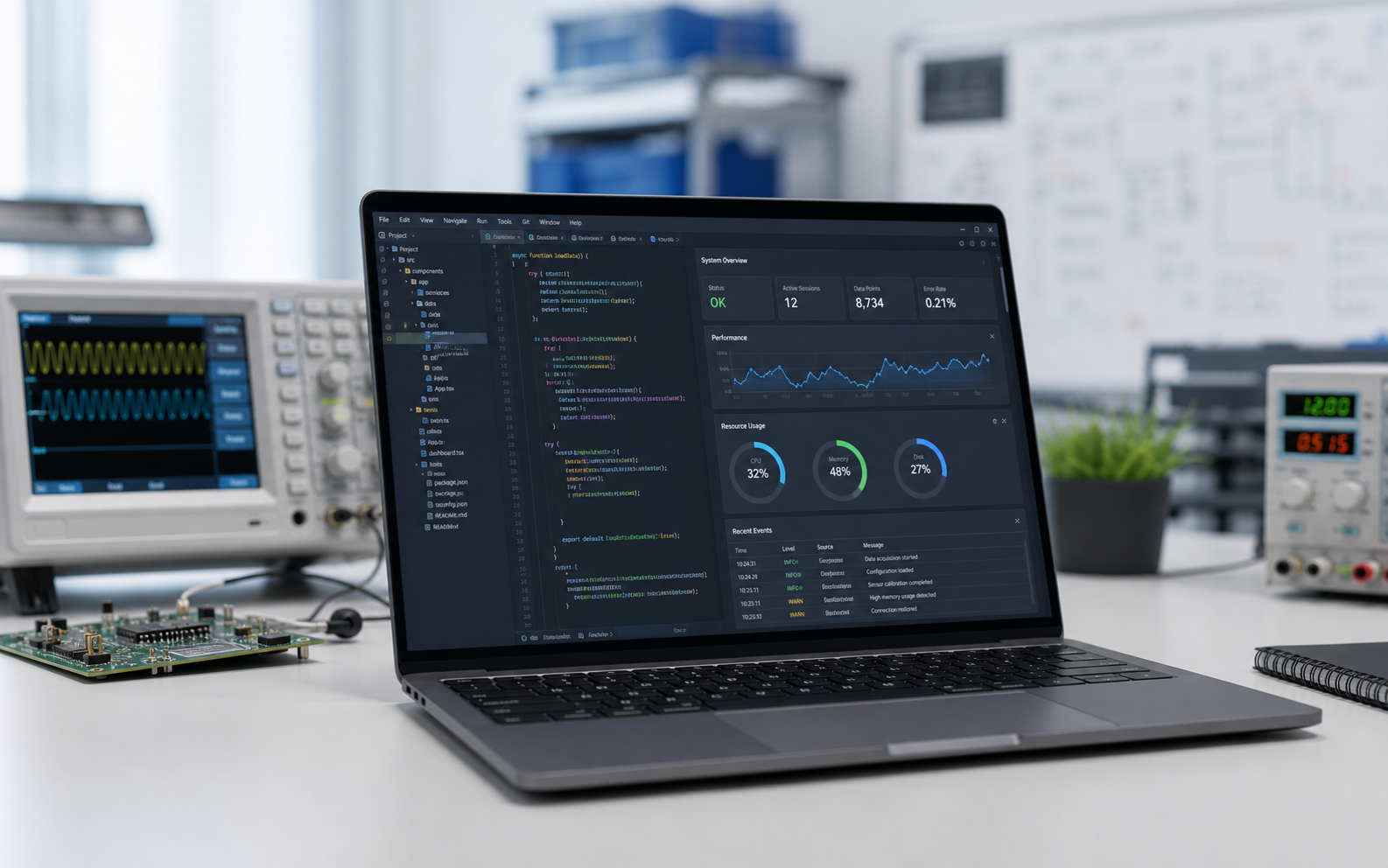 Software development workstation with code and engineering dashboard