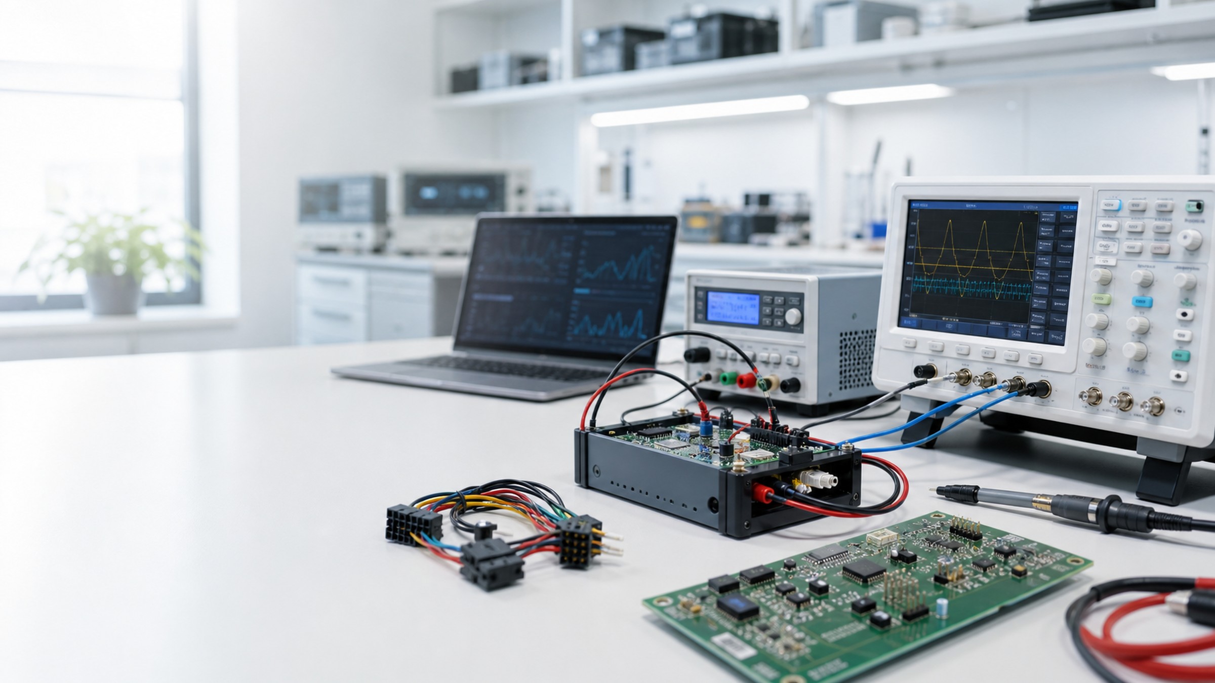 Embedded prototype lab bench with measurement equipment and electronics