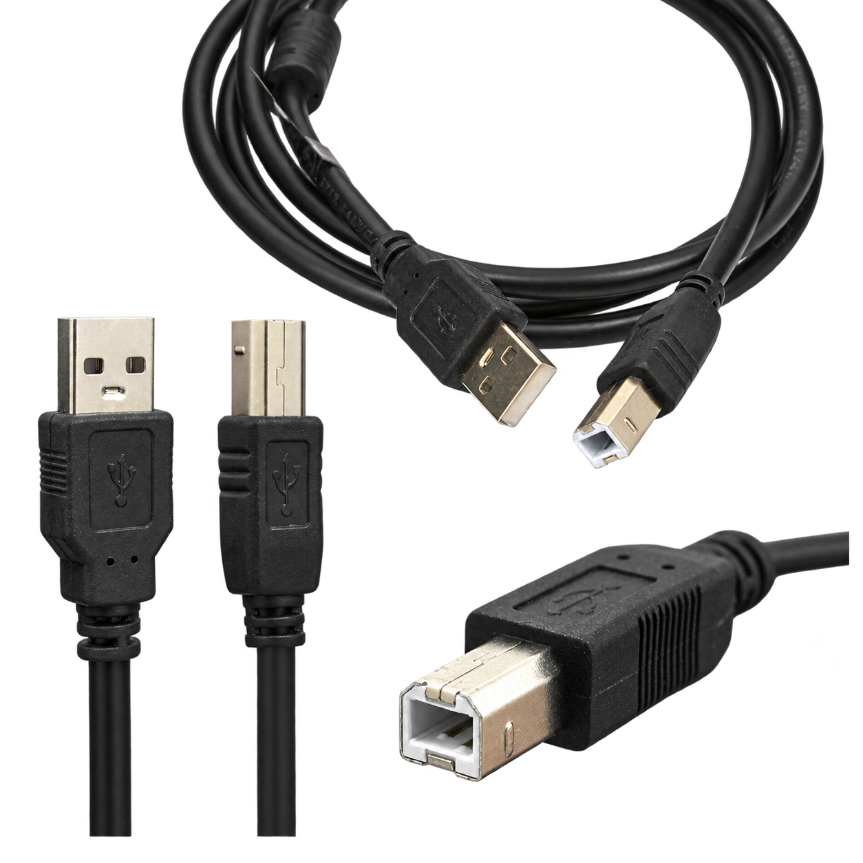 USB-A to USB-B data cable and connector details