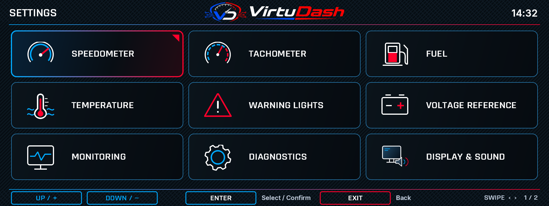 VirtuDash Settings menu · 1 / 2 settings screen with example values