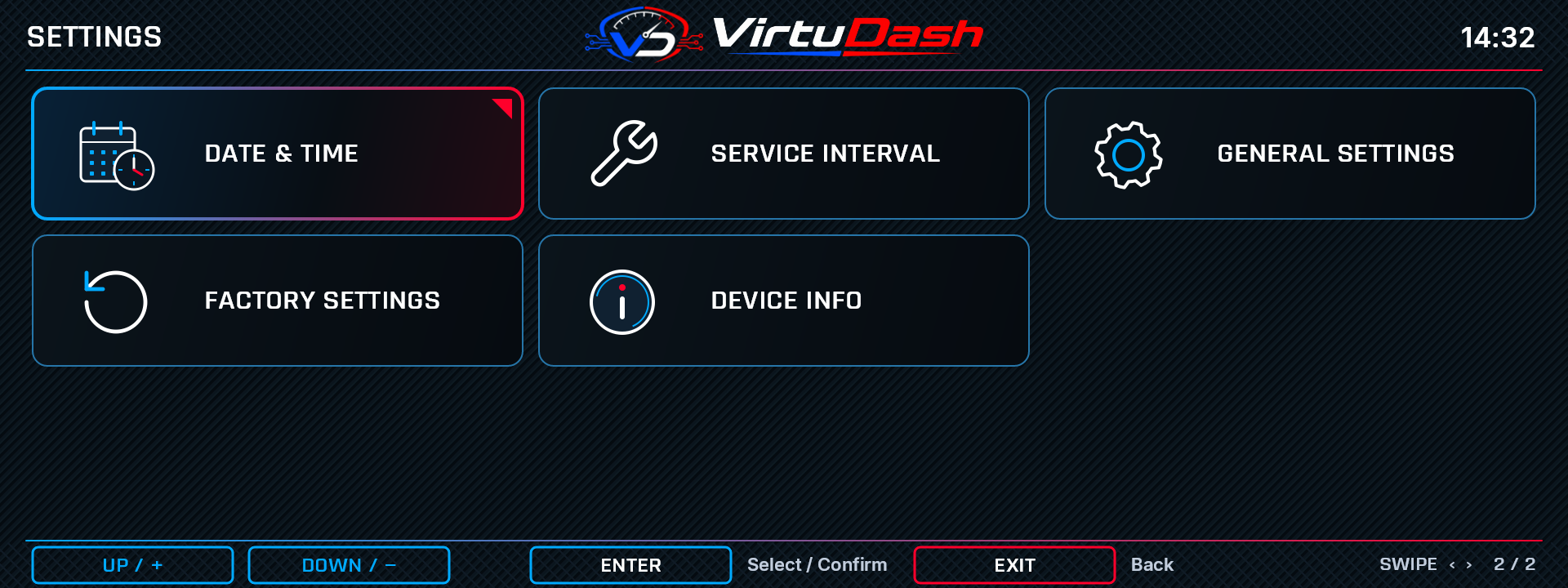 VirtuDash Settings menu · 2 / 2 settings screen with example values