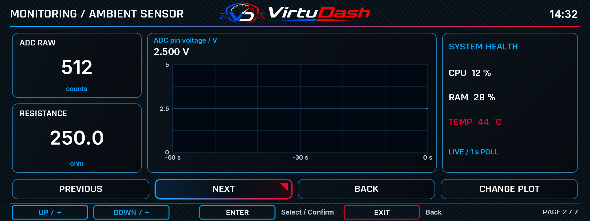 VirtuDash Ambient sensor settings screen with example values