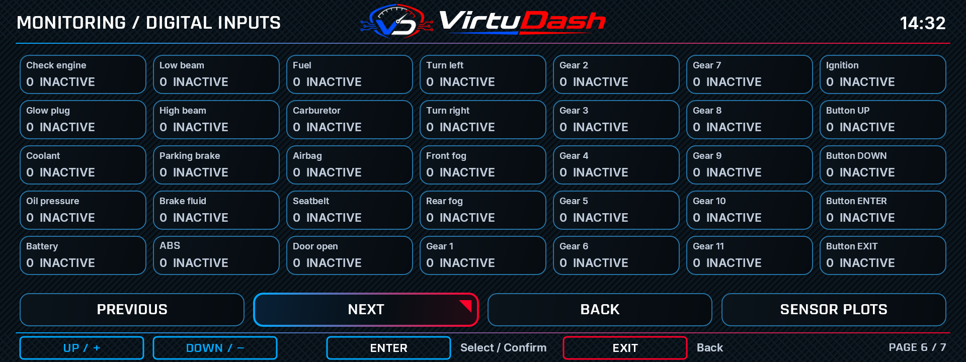 VirtuDash Digital inputs settings screen with example values