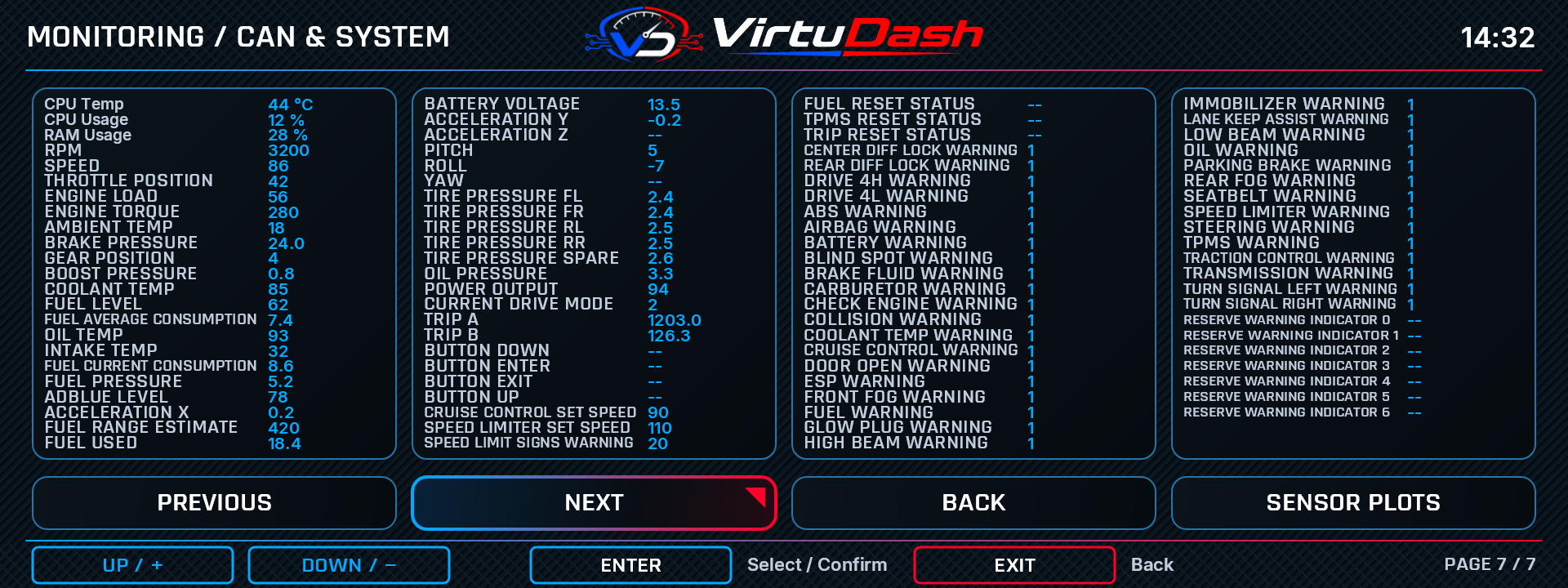 VirtuDash CAN & system settings screen with example values