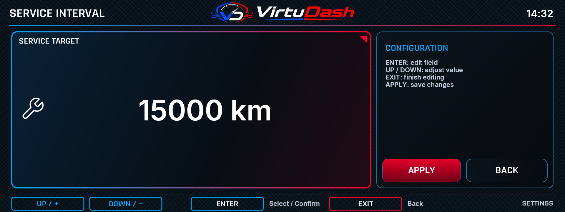 VirtuDash Service interval settings screen with example values