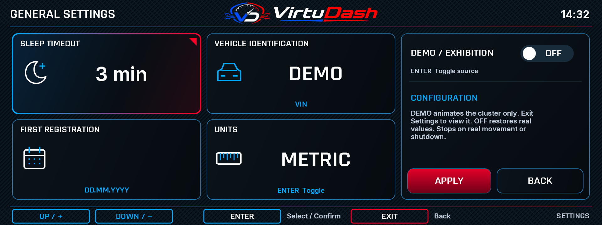 VirtuDash General settings settings screen with example values