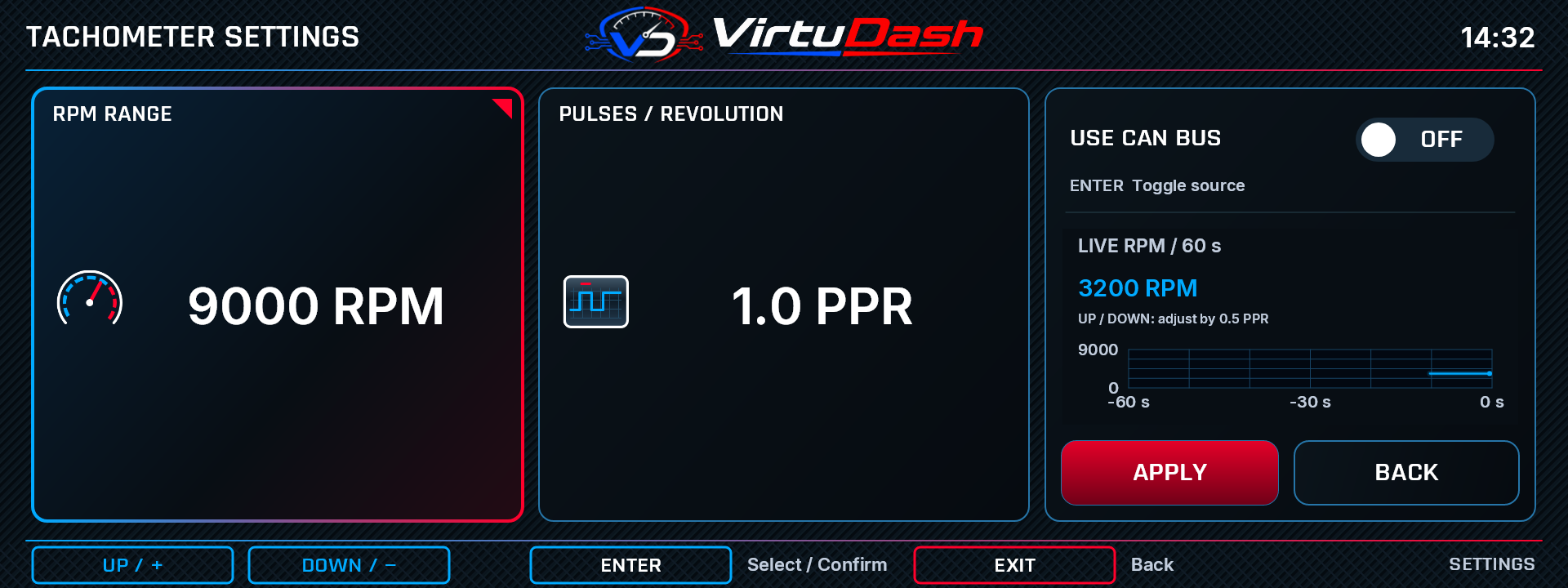 VirtuDash Tachometer settings screen with example values