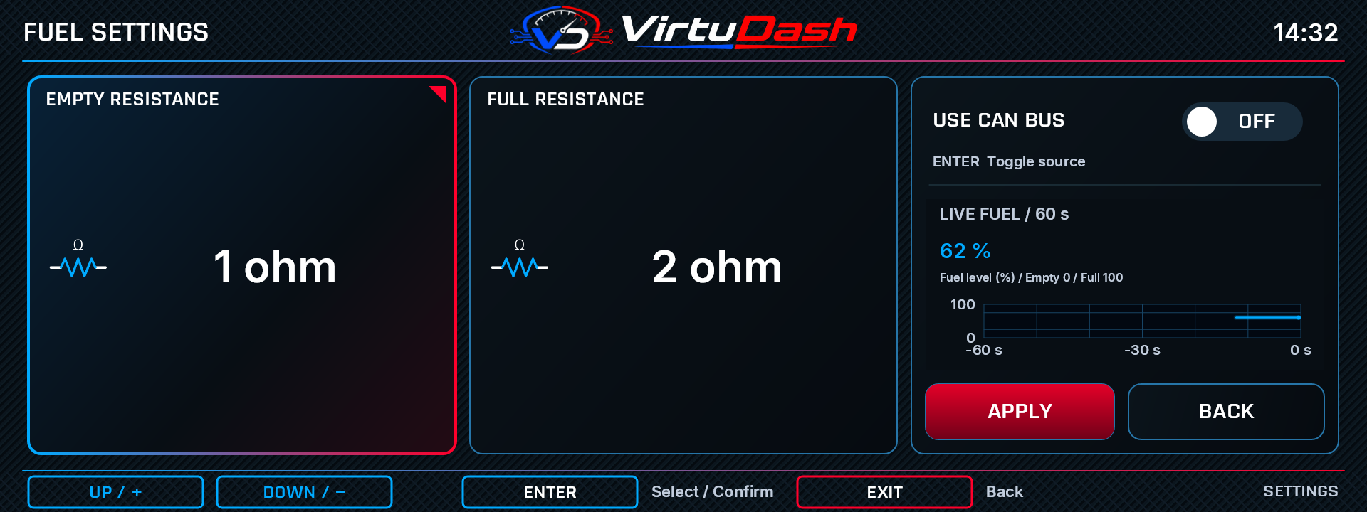 VirtuDash Fuel settings screen with example values