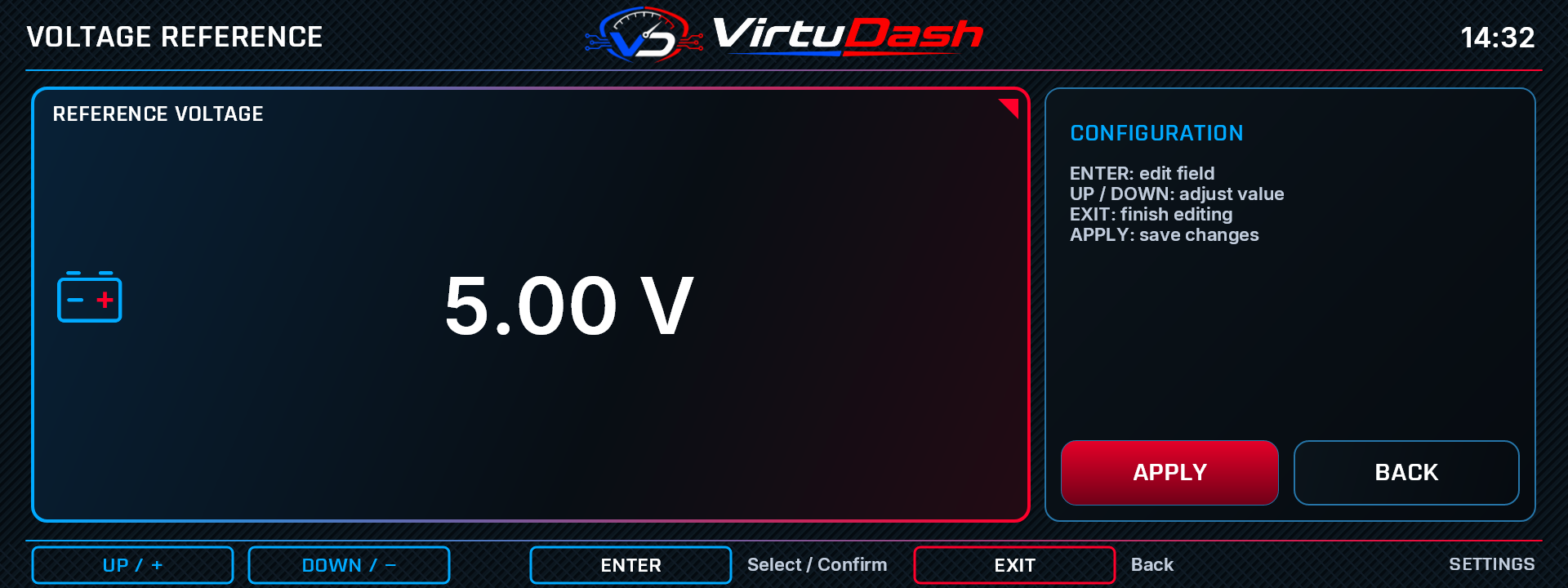 VirtuDash Voltage reference settings screen with example values