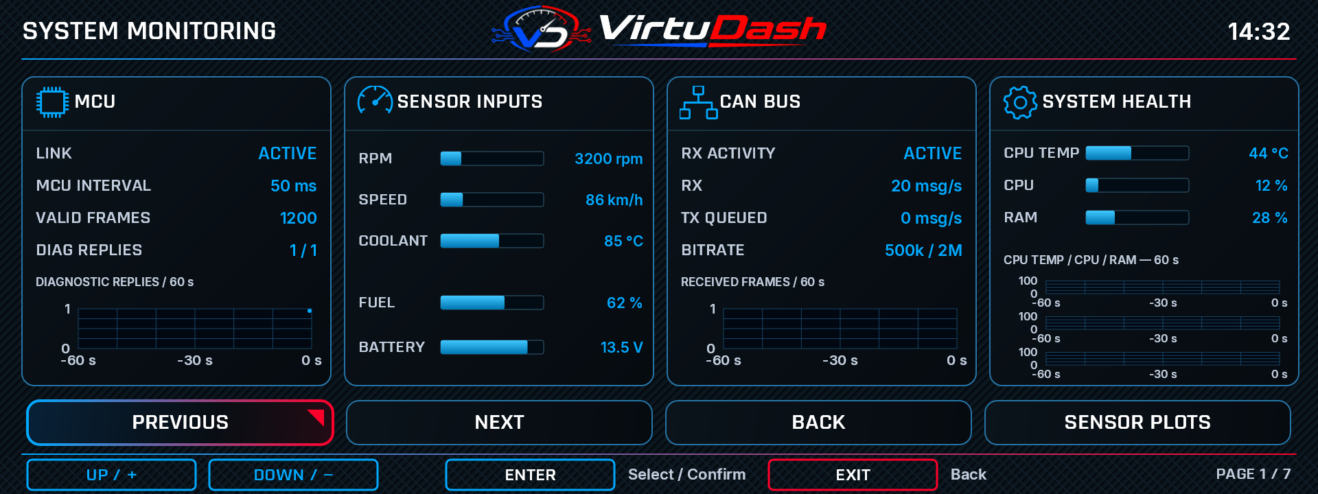 VirtuDash System monitoring settings screen with example values