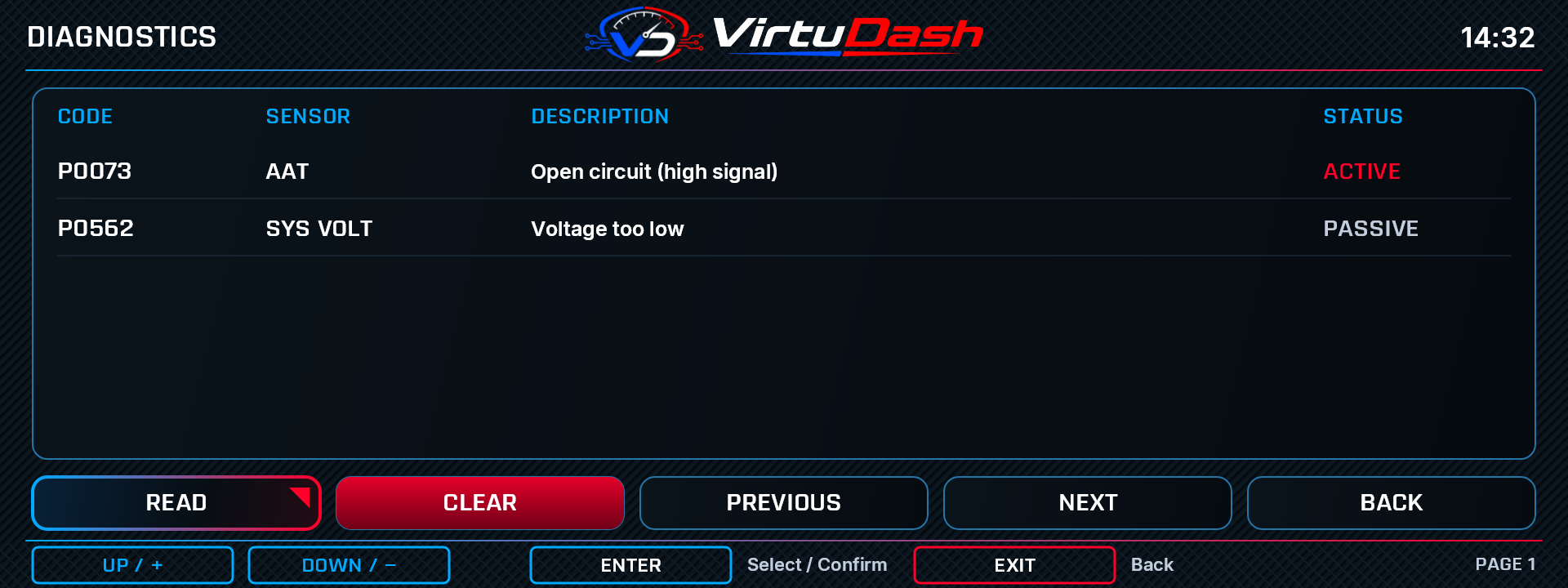 VirtuDash Diagnostics settings screen with example values