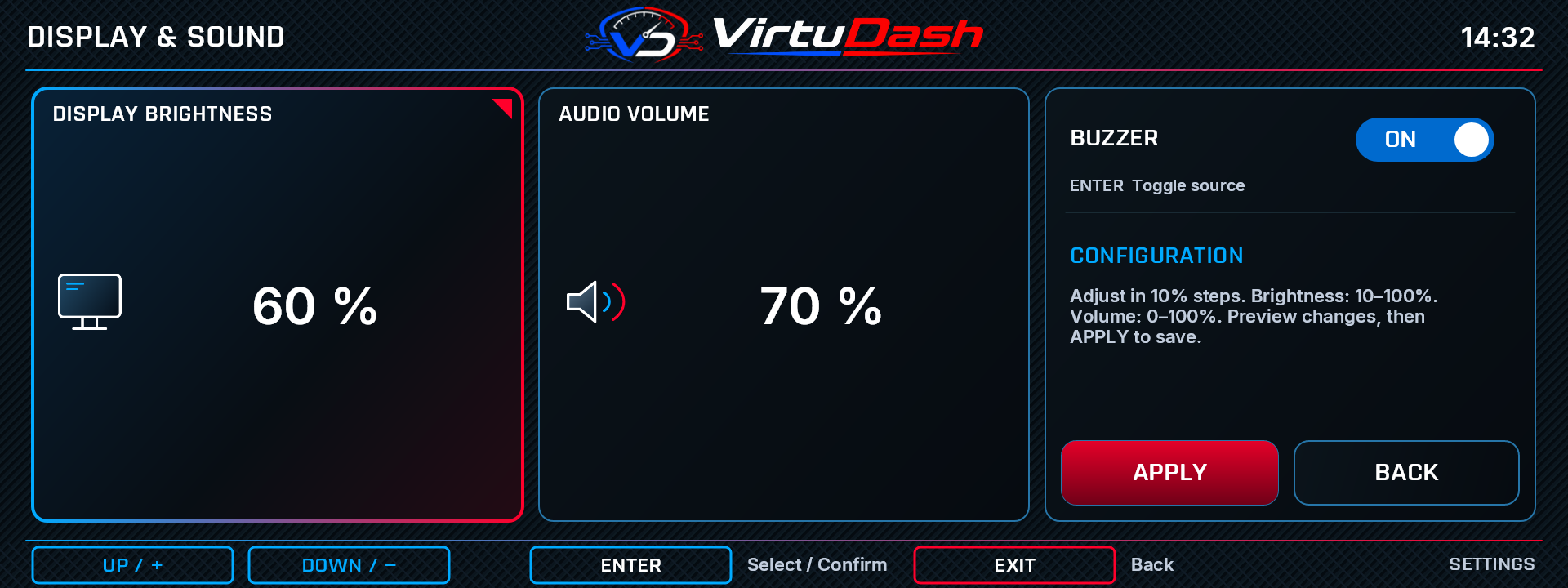 VirtuDash Display & sound settings screen with example values