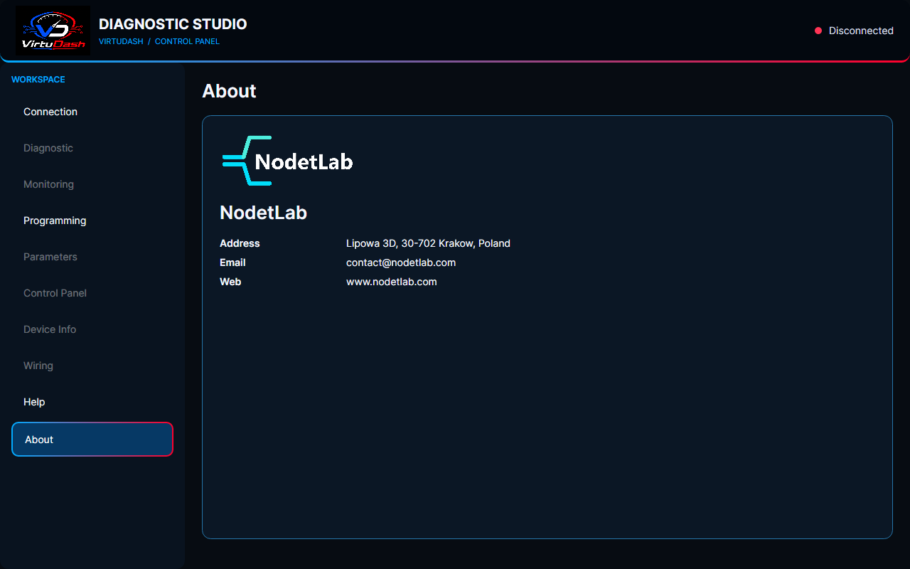 VirtuDash Diagnostic Studio About screen, disconnected interface preview