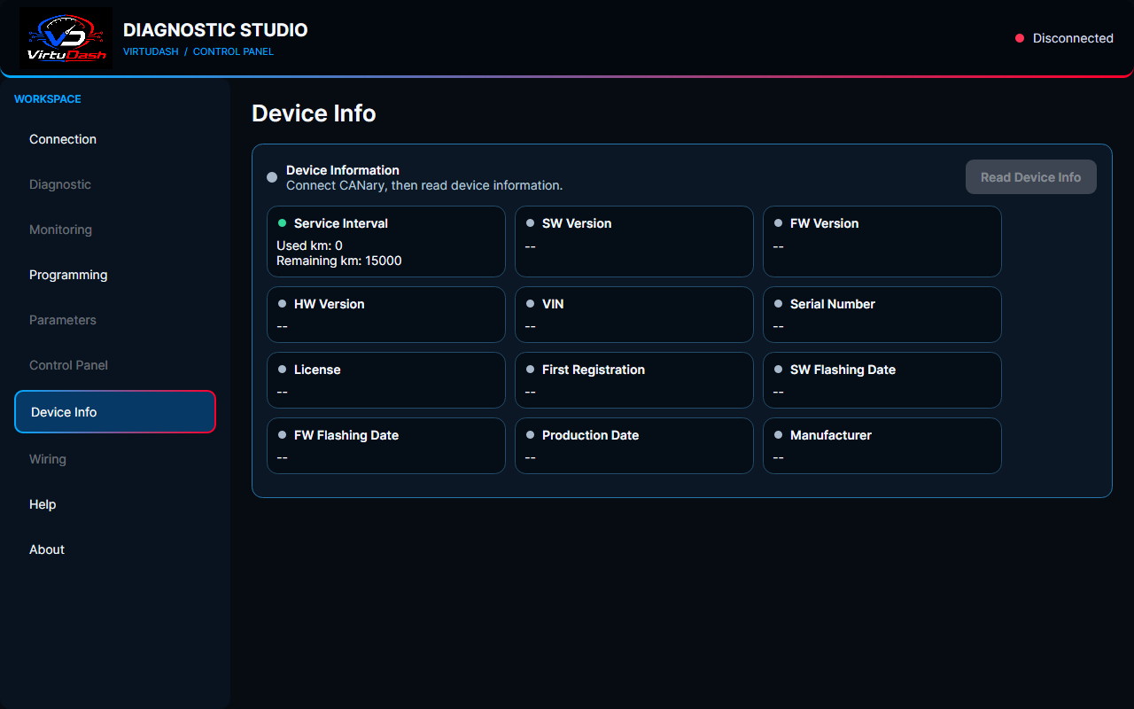 VirtuDash Diagnostic Studio Device Info screen, disconnected interface preview