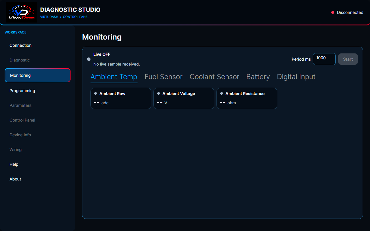 VirtuDash Diagnostic Studio Monitoring screen, disconnected interface preview