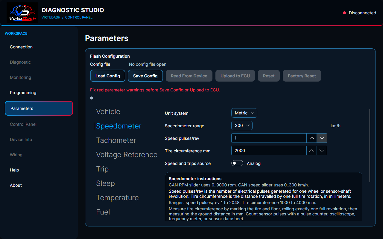 VirtuDash Diagnostic Studio Parameters screen, disconnected interface preview