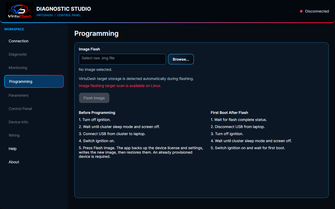 VirtuDash Diagnostic Studio Programming screen, disconnected interface preview