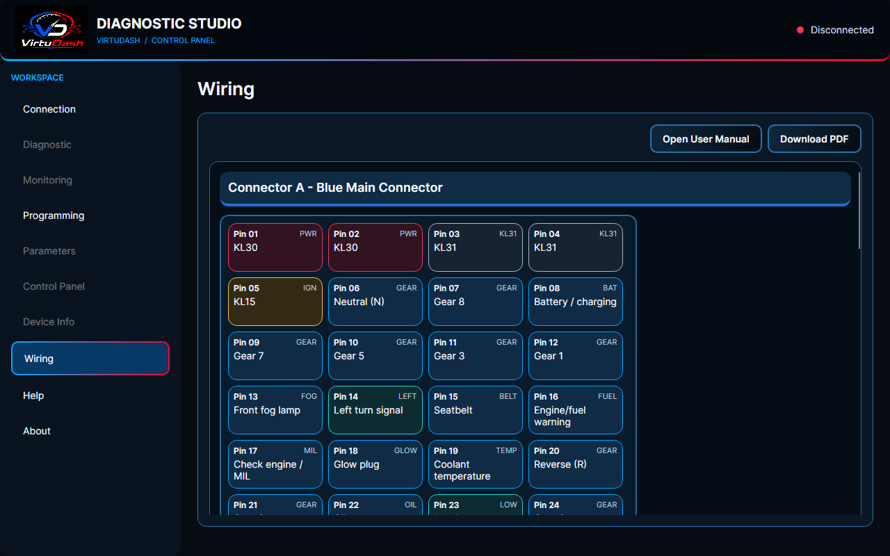 VirtuDash Diagnostic Studio Wiring screen, disconnected interface preview