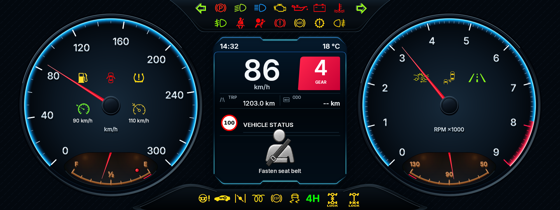 VirtuDash Heritage 330 theme with demo values and warning lights enabled