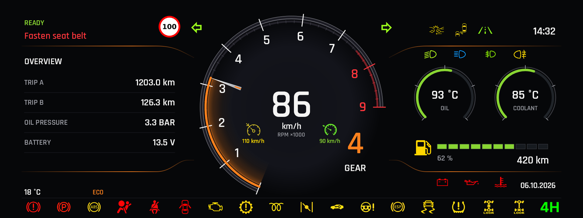 VirtuDash Supercar theme with demo values and warning lights enabled